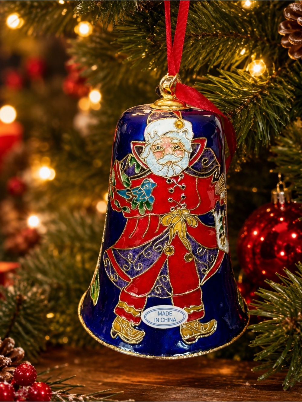 Dillard’s Trimmings 2009 Cloisonné Gilt Santa Bell Christmas Ornament Holiday
